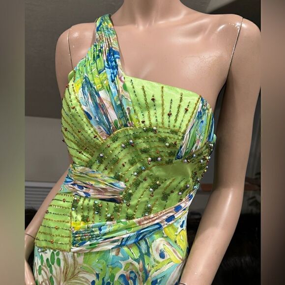 Chic Design One-Shoulder Floral-print Beaded Chiffon Evening Dress - Picture 8 of 16